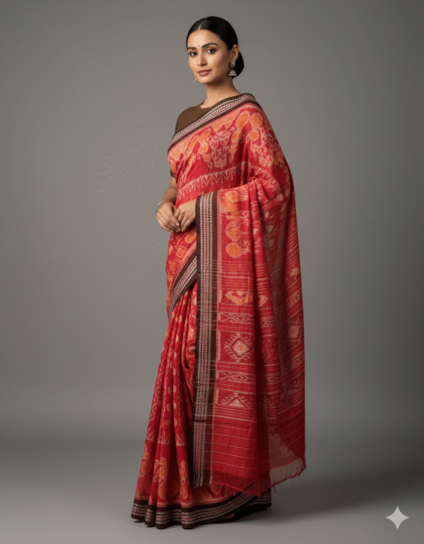 Sambalpuri printed red maroon cotton saree