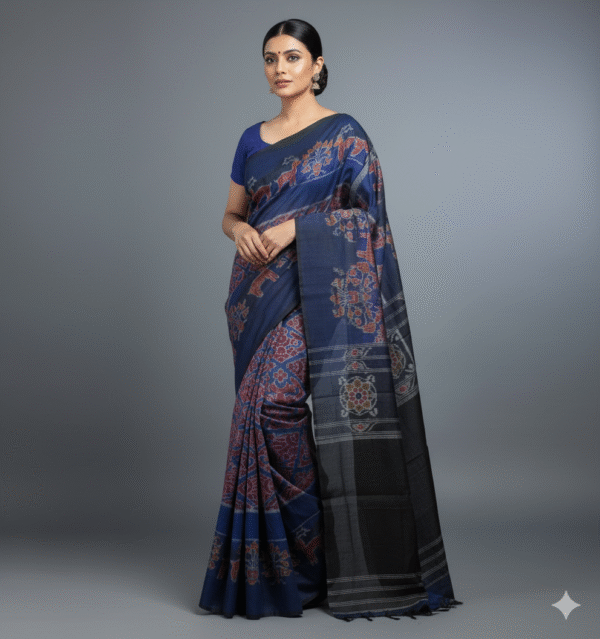 Sambalpuri blue printed cotton saree with blouse