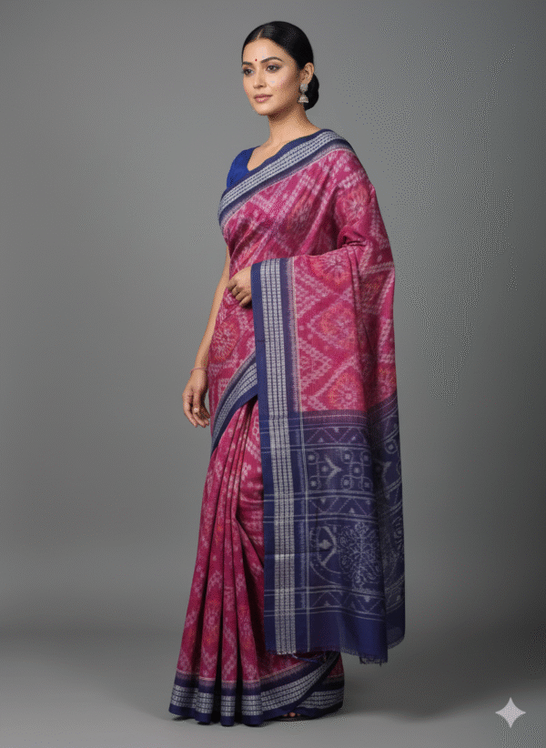 Sambalpuri blue and pink printed cotton saree